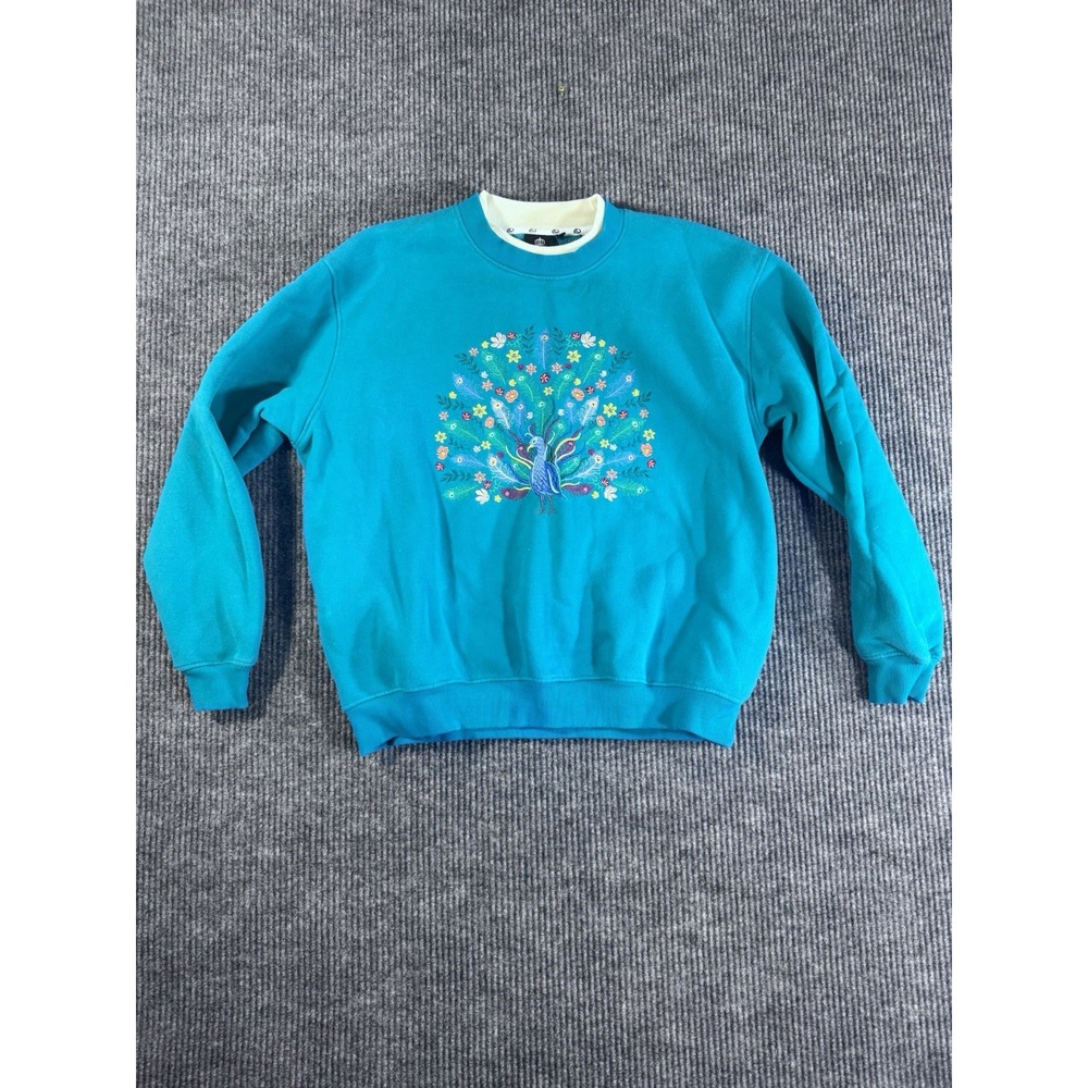 Cottagecore Vintage Teal Peacock Embroidered Pullover Sweater XL Crew Neck Women